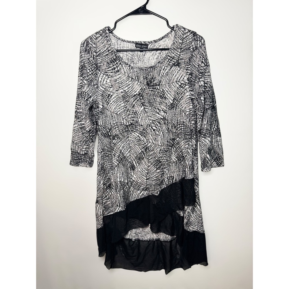 Dor‎ Dor Couture Black White Lace Abstract Print Asymmetrical Ruffle Top Women